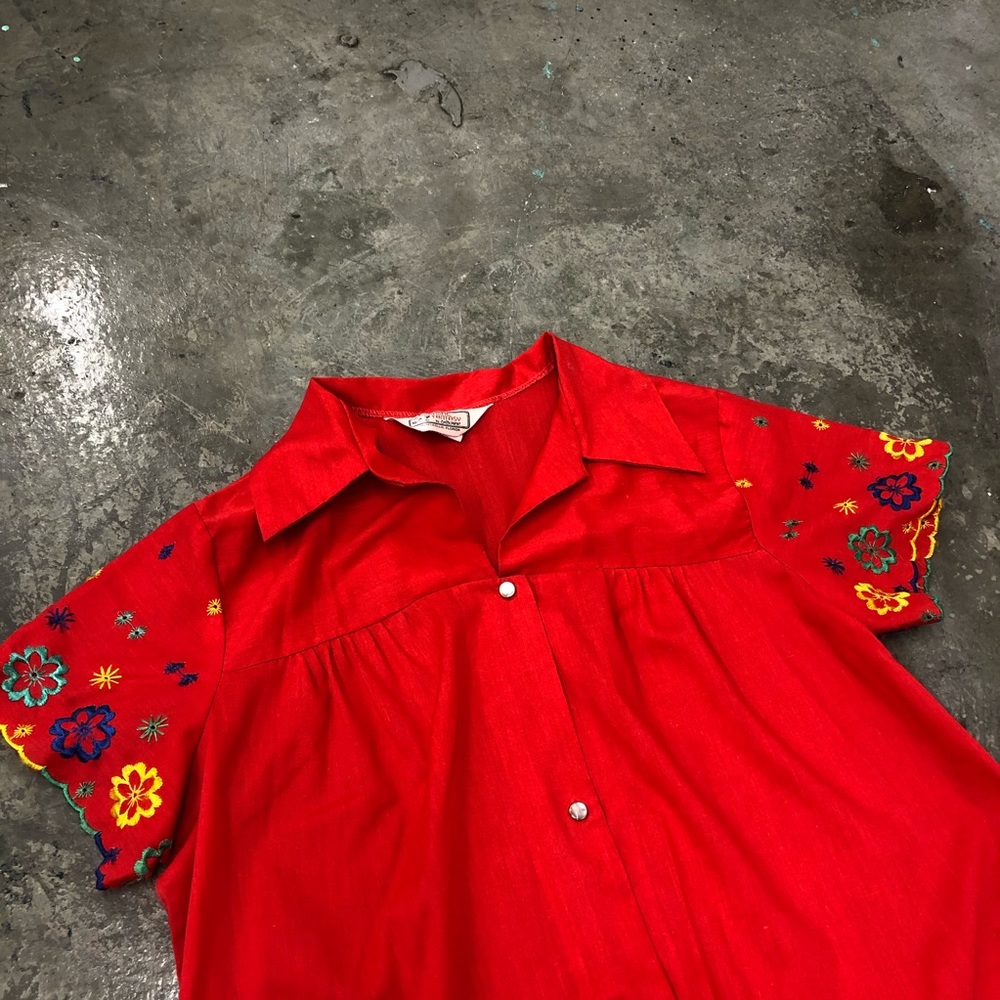 Vtg 80s Apron Midi Dress Americana Red Floral M/L - Picture 4 of 6